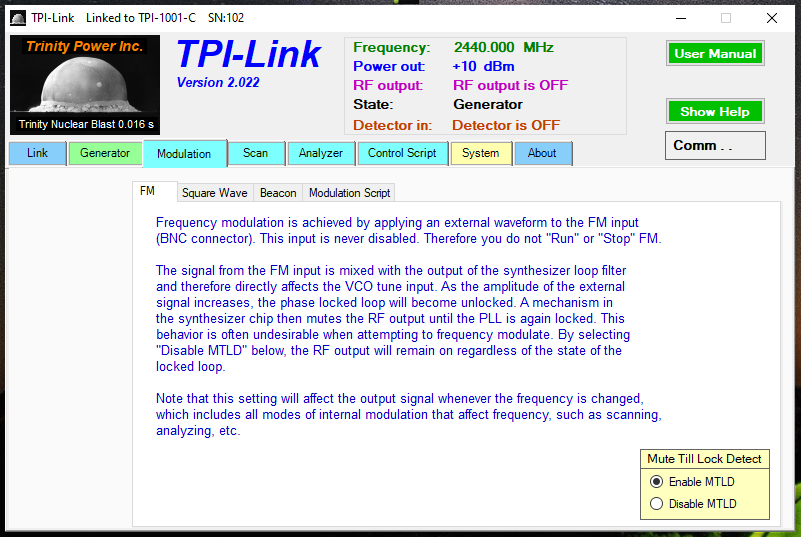 TPI-1001-C Signal Generator Modulation Tab