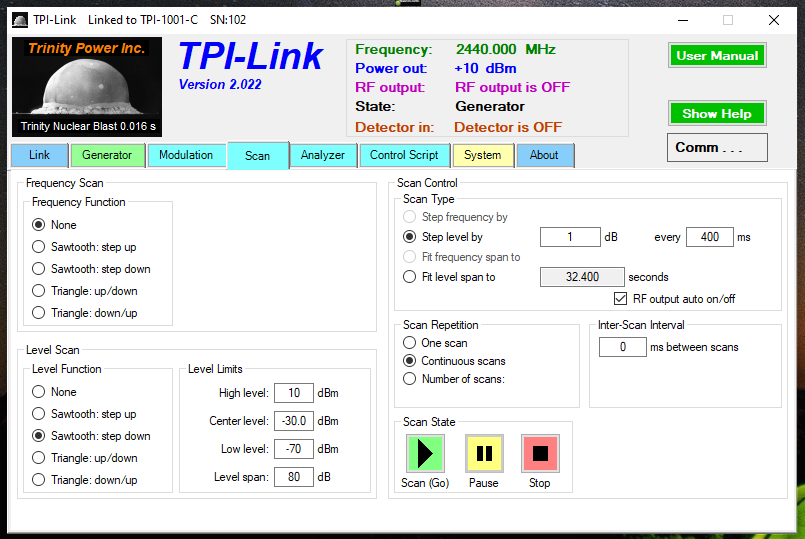 TPI-1001-C Signal Generator Scan Tab