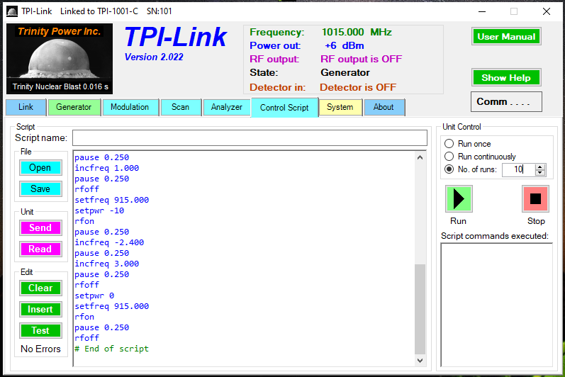 TPI-1001-C Signal Generator Control Script Tab